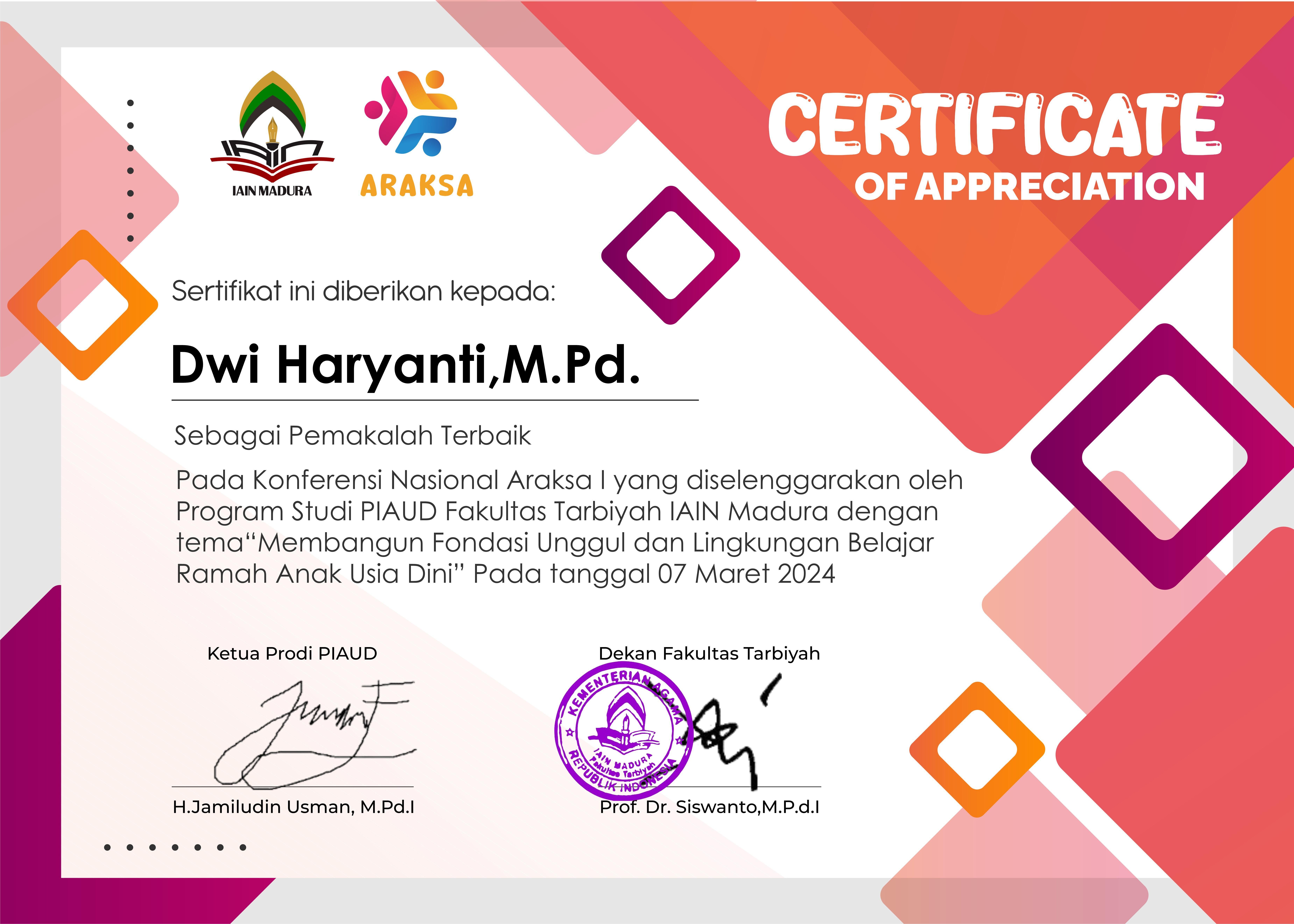 DOSEN PRODI PIAUD FAKULTAS TARBIYAH TERPILIH PEMAKALAH TERBAIK DI  KONFERENSI ARAKSA I